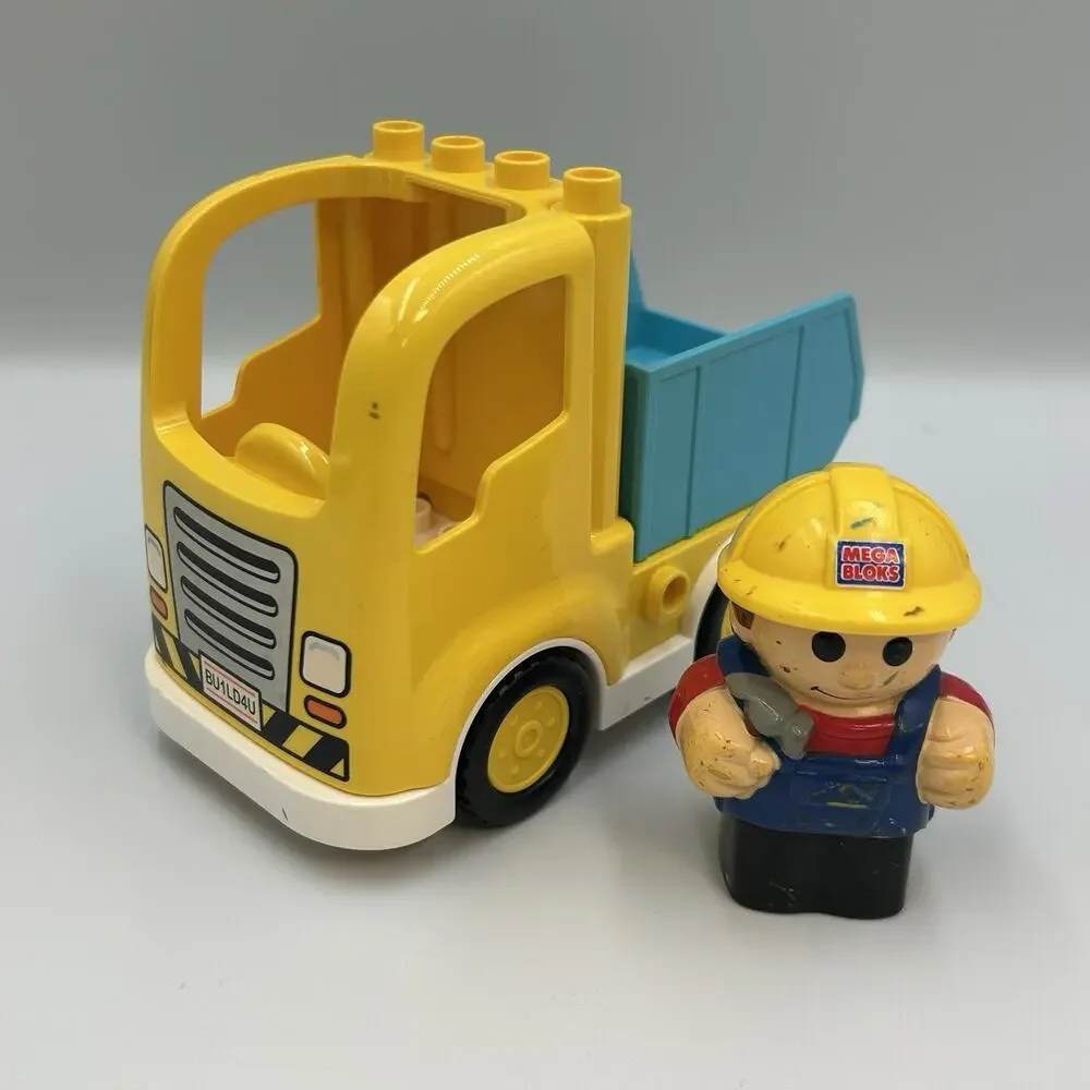 Mega Bloks Duplo Yellow Truck Cab Blue Dump Truck Vehicle w/ Worker Toy Set